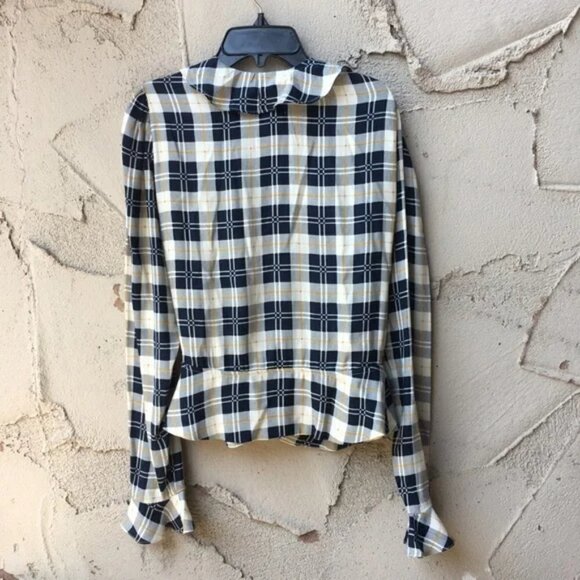 Reformation Lee Top Navy Tartan Plaid Wrap Blouse - Picture 7 of 13